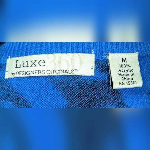 Luxe by Designers Originals Blue/Black Houndstooth V Neck Lightweight Sweater, M - Picture 3 of 6